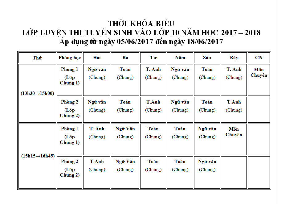 Cập nhật thời khóa biểu lớp luyện thi tuyển sinh vào lớp 10 tuần 2 và 3