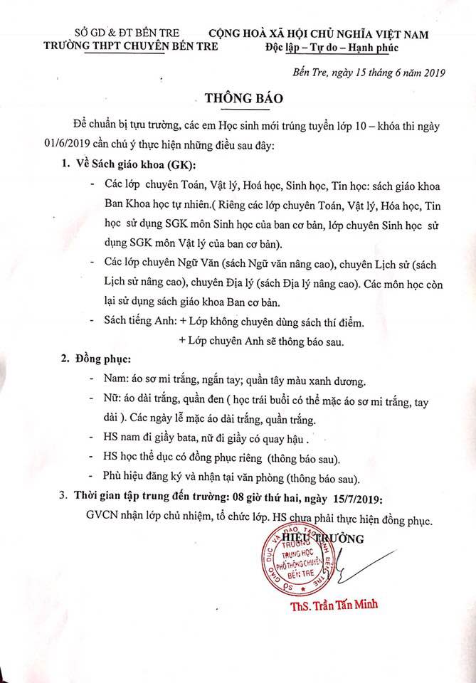 Thông báo nhập học dành cho học sinh trúng tuyển vào lớp 10 năm học 2019-2020