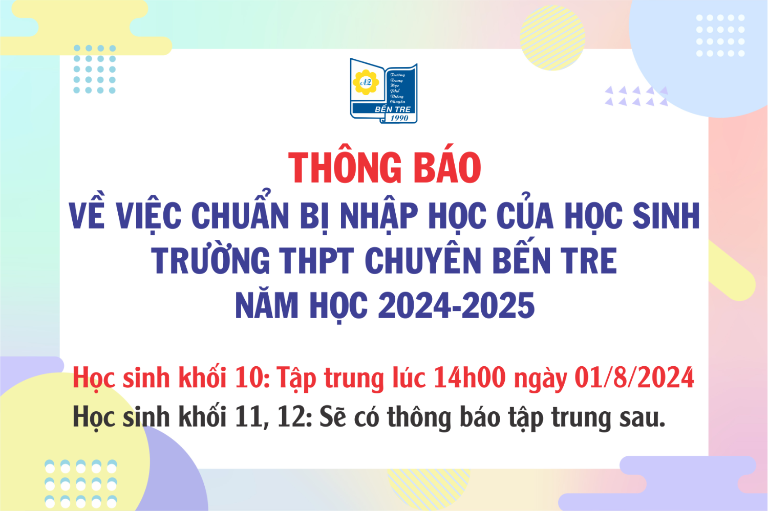 Thông báo về việc chuẩn bị nhập học của học sinh Trường THPT chuyên Bến Tre năm học 2024 - 2025